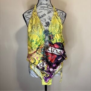 Vintage Y2K Ed Hardy by Christian Audigier Yellow Swimsuit Dragon Skulls